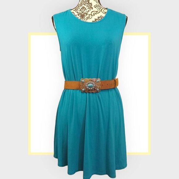 Faded Glory Boho Style Leather Belt With Turquoise Accented Silver Buckle. - Picture 1 of 11